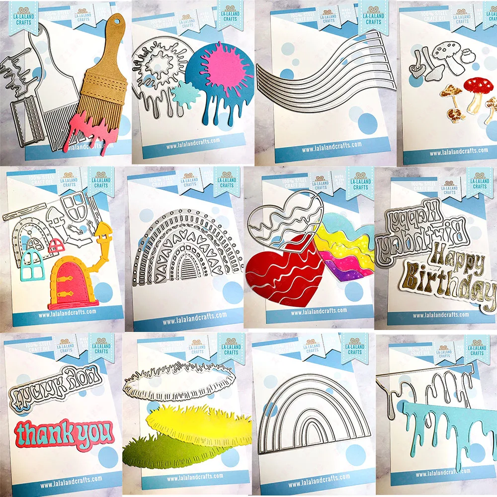 New Diy Paint Brush Splotches Drip Border Rainbow Heart Buon Compleanno Grazie Grass Island House Funghi Fustelle In Metallo