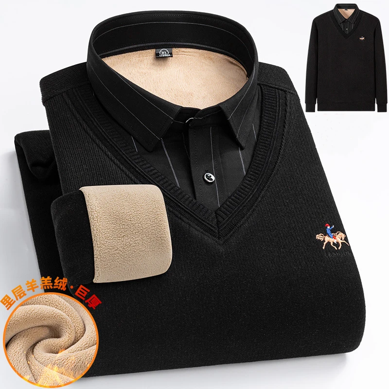 

High Quality Men's Wool Fake Two Piece Pullover Business Plus Velvet Thick Warm Sweater Plus Size Loose Fleece Knitwear 6XL 7XL