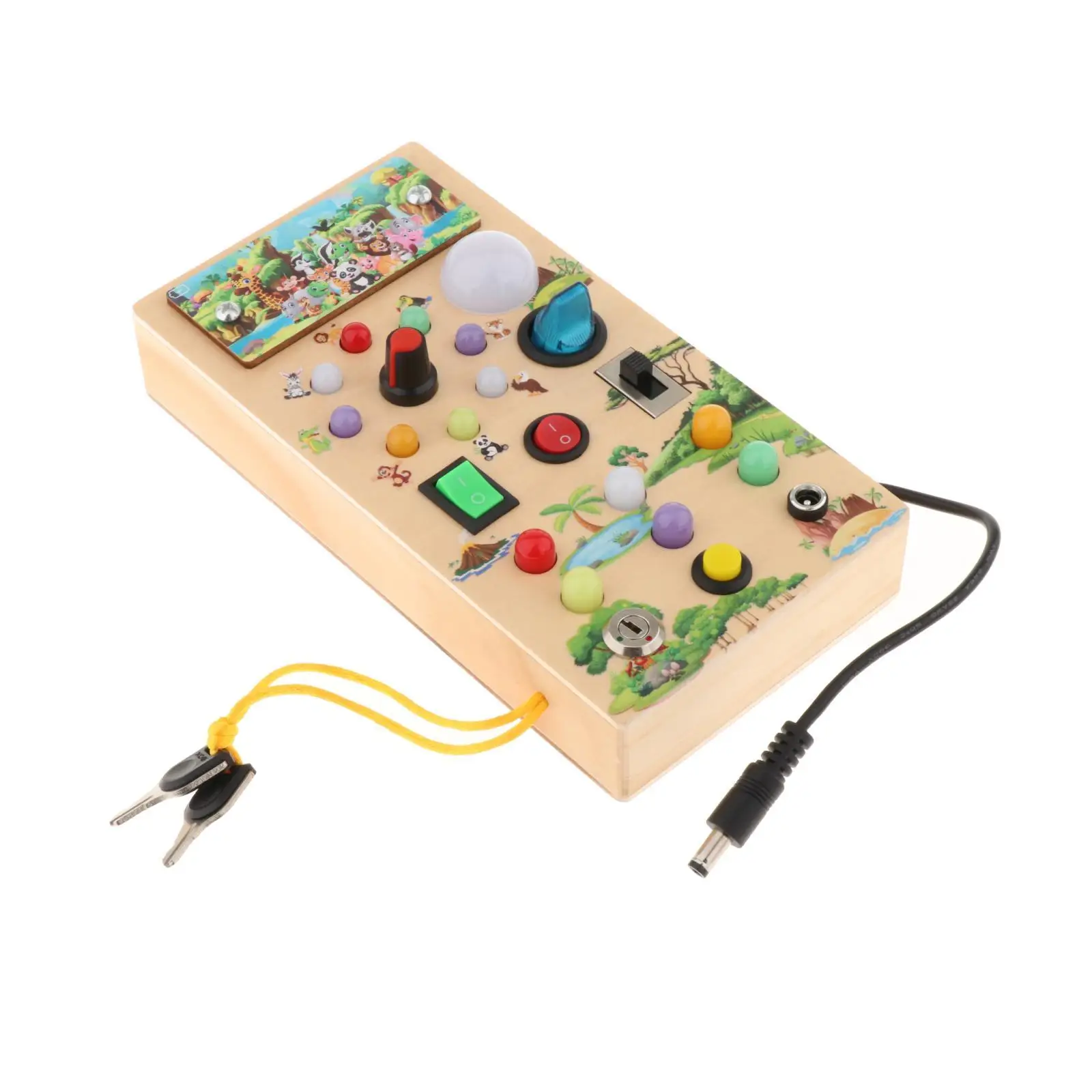 

Wooden Busy Board with LED Light Switches Developmental Toy Teaching Aids Early Education for 1-3 Children Kids Birthday Gifts