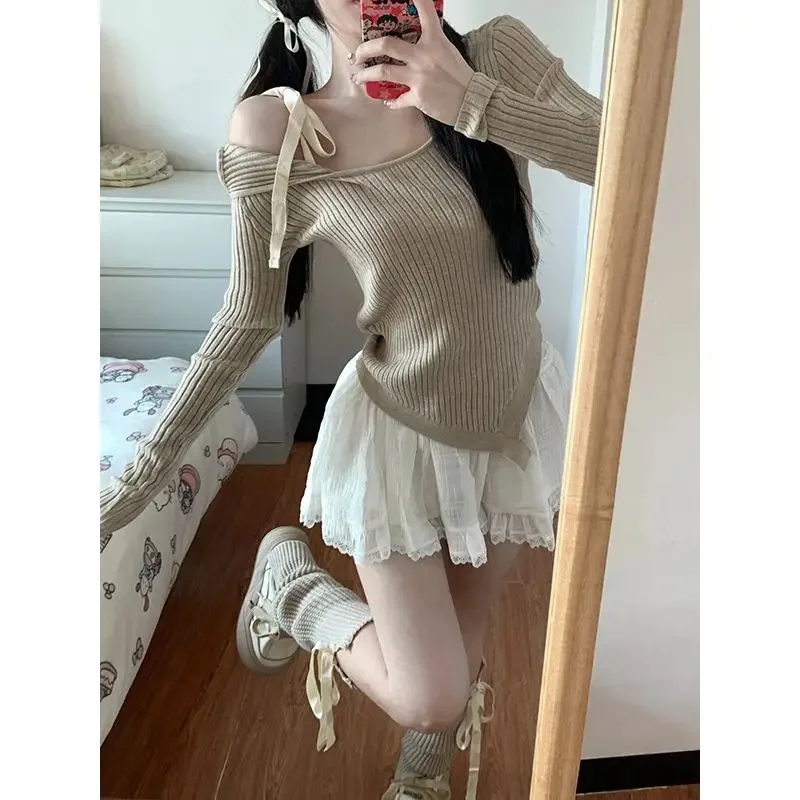 

Set female 2024 Harajuku sense strapless asymmetric one-shoulder knitted bottoming shirt top half-body skirt spring new