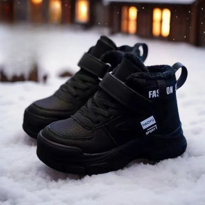 Kids Winter Warm Snow Boots Boys Fleece Lined Cotton Shoes Non Slip Thick Sole Sports Sneakers for School Age Children Outdoor