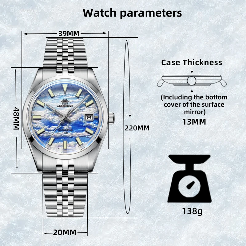 ADDIESDIVE New Automatic Watch for Men 3D Cloud Sea Dial NH35 Mechanical 100m Diving Business Watch Blue Luminous WristWatch Man