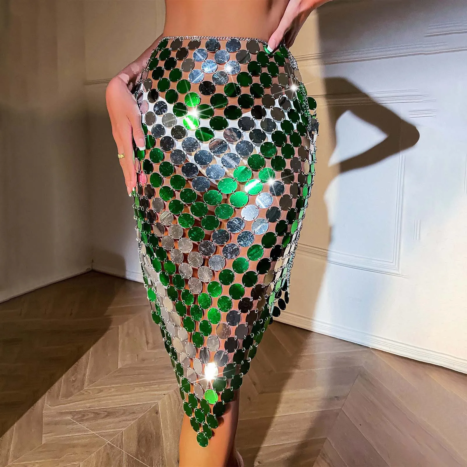 

Women's Sexy Beaded Splicing Half Body Skirt Fashion Clashing Colour Wrap Hip Long Skirt Mardi Gras See Through Half Body Skirt