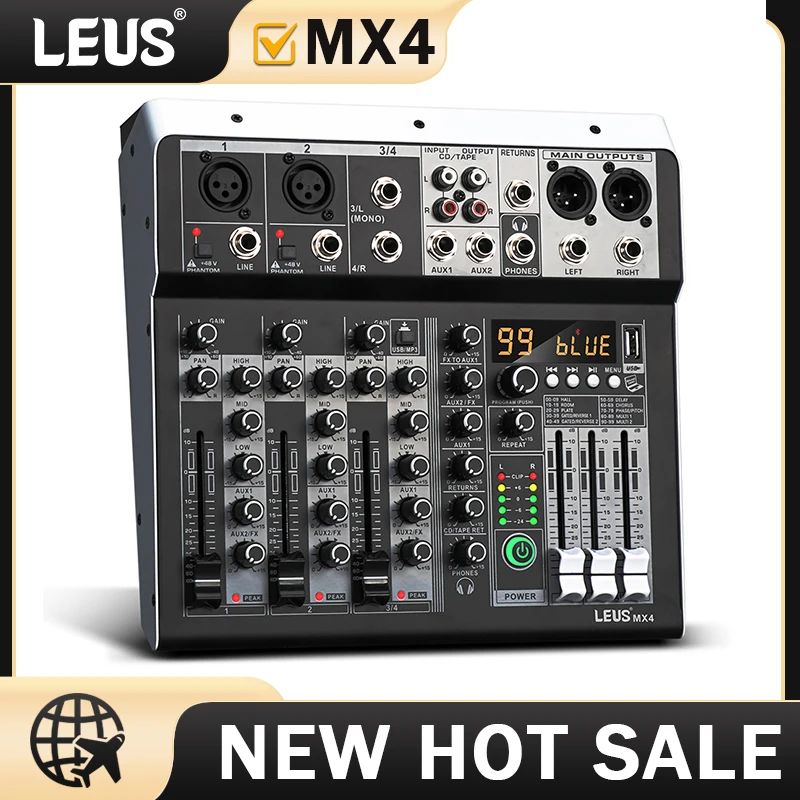 LEUS MX4 Channel 99 DSP Effect Audio Mixer Record PC 48V Phantom Power USB Sound Mixers Bluetooth DJ Console Mixing for Karaok audio mixer