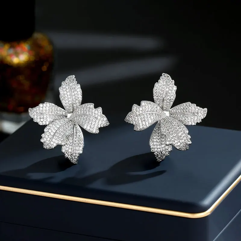 

Shining Cubic Zirconia Leaf Flower Stud Earrings For Women Fashion Statement Wedding Luxury Brand Jewelry With Gold Plated