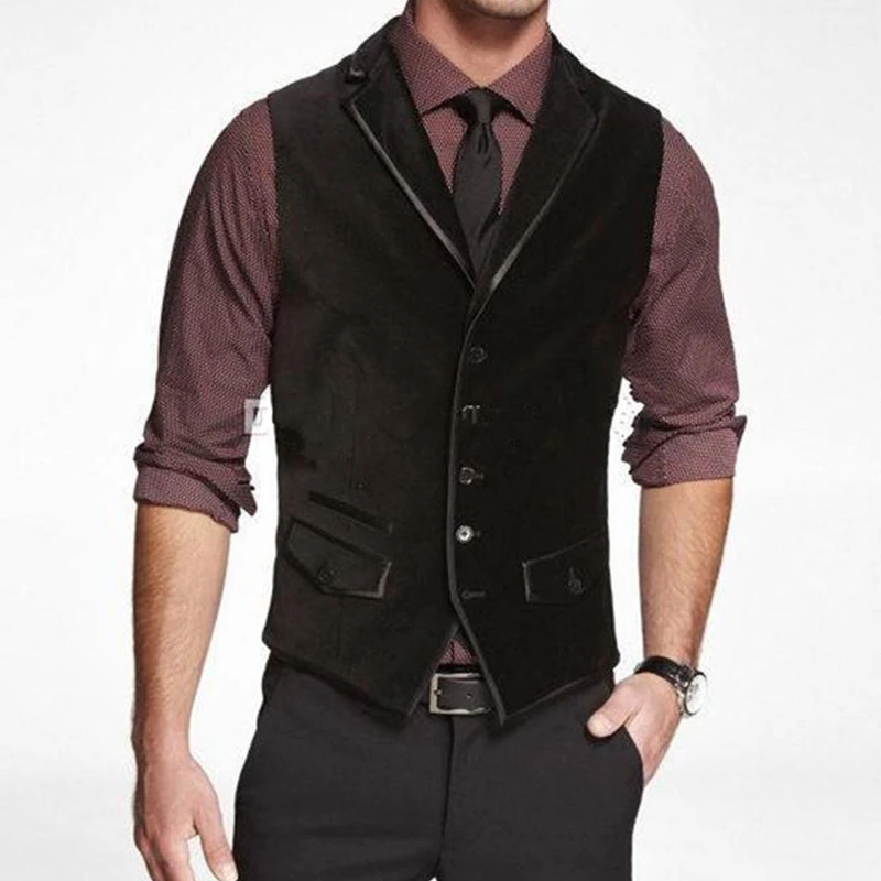 

Men's Vest Black Velvet Tailored Collar Single Breasted Steampunk Clothing Male Gentleman Business Waistcoat For Wedding Vest