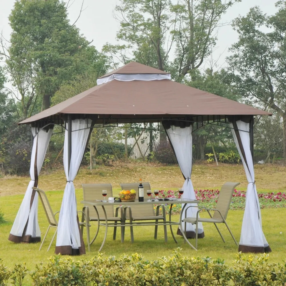 

10x10ft Euro Style Patio Canopy Gazebo Outdoor Yard Tent Sun Shade Garden Awnings Gazebos Tents With Net Mesh Coffee