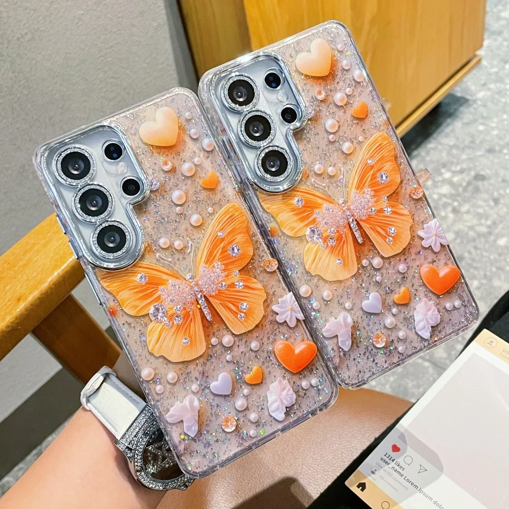 Luxurious Sparkling Diamond Butterfly Pearl Pattern Bling Glitter Silicone Case