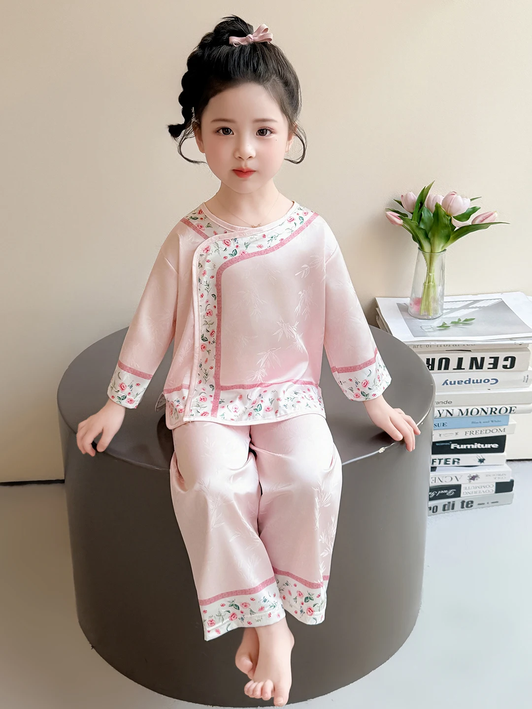 여자 실크 잠옷 얇은 봄 가을 가정 의류 에어컨 정장 어린 소녀 Hanfu 당나라 의상 어린이 가정 정장