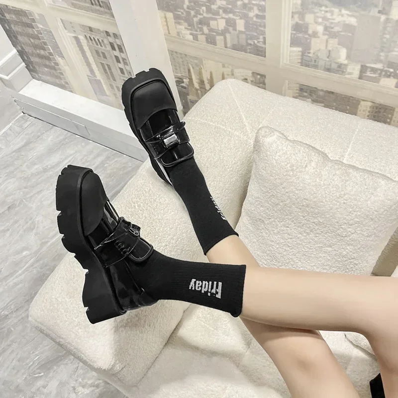 

Women Metal Buckle Square ToeThick Sole Height Increasing Loafers Leather Shoes Shallow Black Pumps Platform Shoes