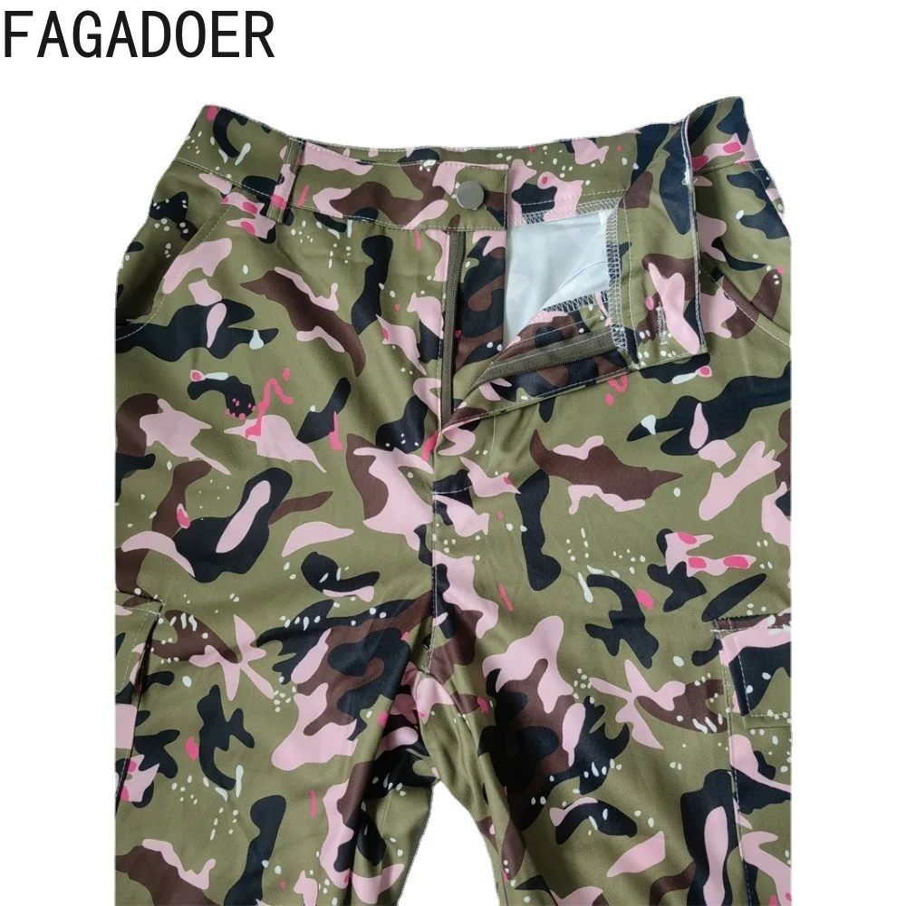 FAGADOER Fashion Y2K Pink Camouflage Printing Straight Pants Women High Waisted Button Pocket Trousers Casual Sporty Bottoms New
