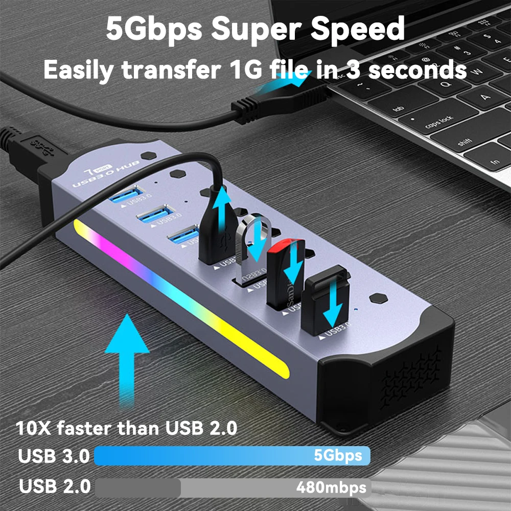 High Speed RGB 7 Ports USB 3.0 HUB Individual Switch 3.0 Adapter Multiport USB A Splitter Aluminum USB Hub For Computer Laptop 3