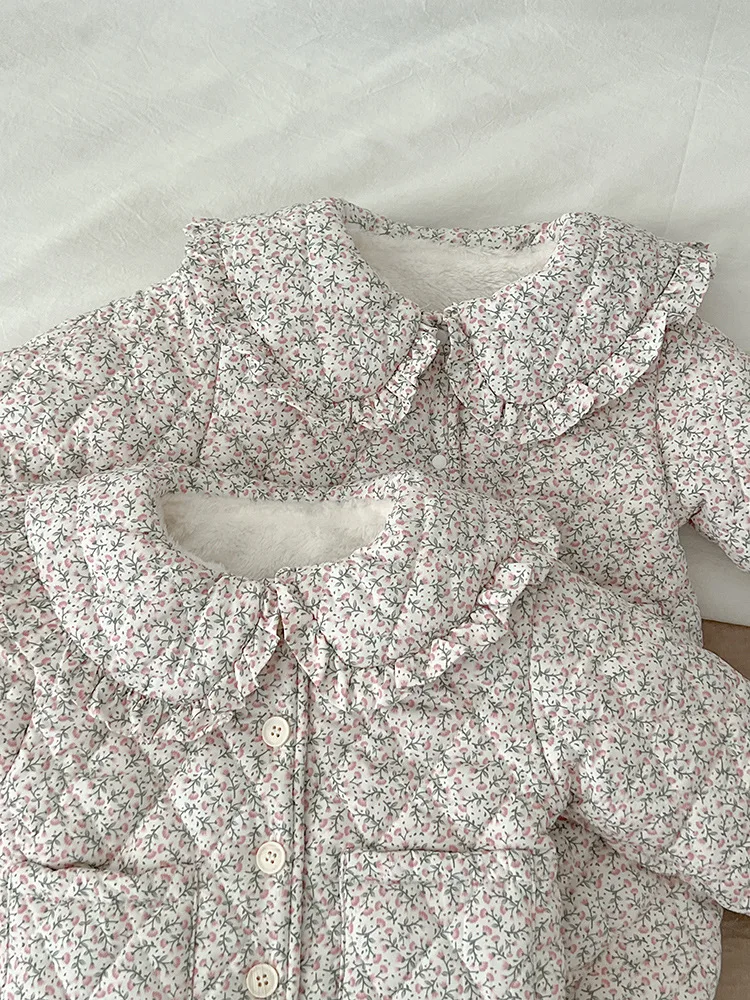 Baby Girl Winter Coat Cotton Infant Large Lapel Floral Padded Jacket Plus Velvet Thick Kids Cardigan