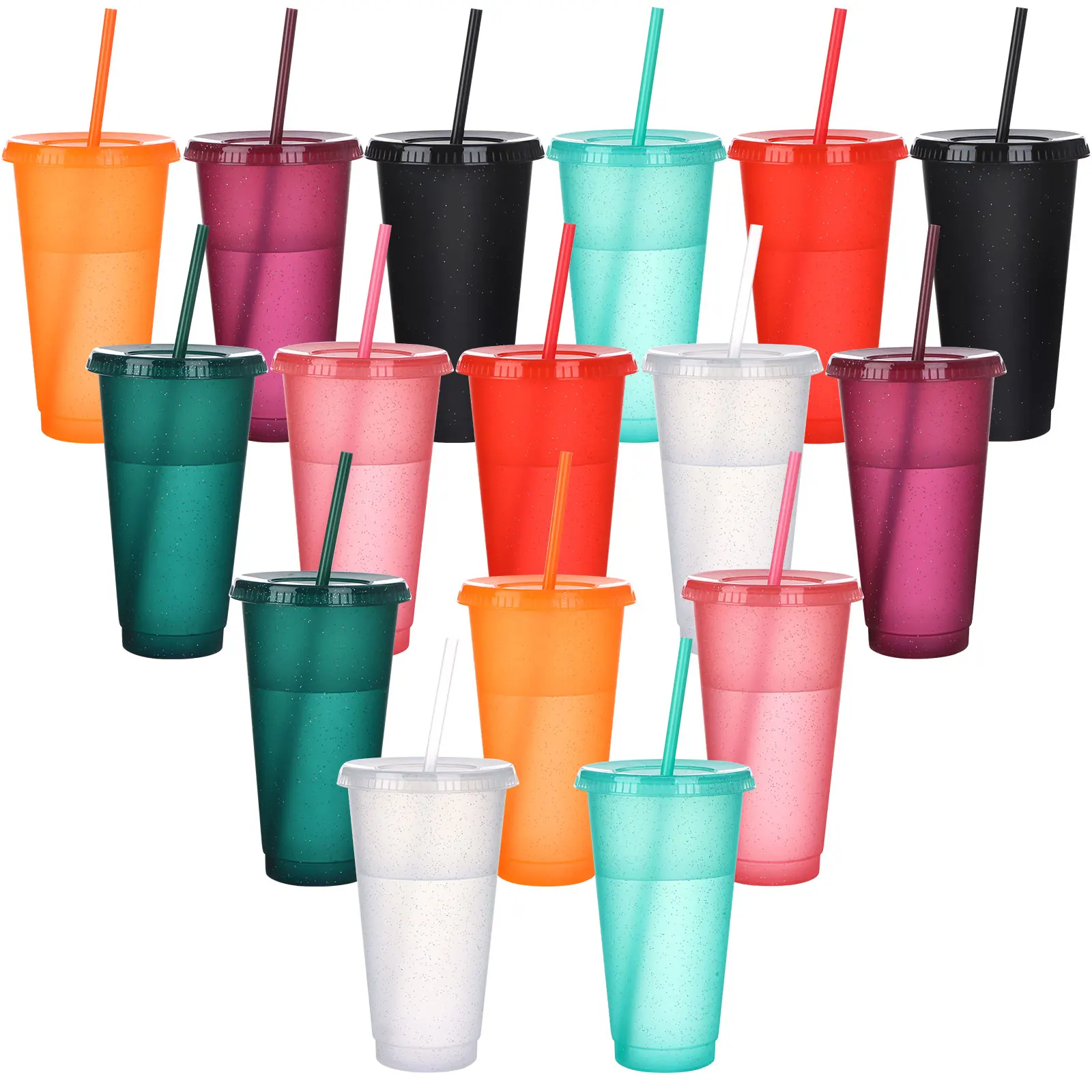 12 Pieces Reusable Cups with Lids and Straws 24 oz Glitter Iced