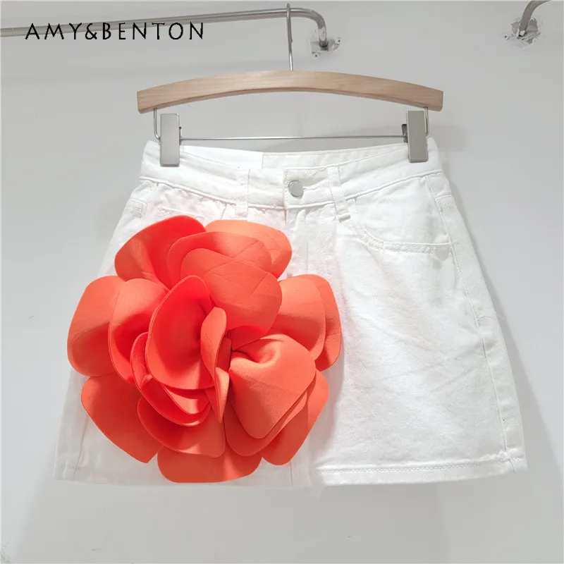 Fashion Design Sense Women's Flower High Waist Short Denim Skirt 2024 New A-Line Skirts Hot Girl Shorts Hip Culottes Mini Skirt