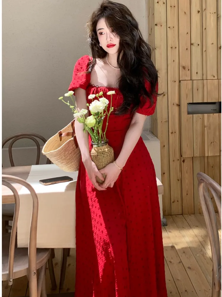 

Summer French Elegant Print Women Midi Dress Vintage Square Collar Slim Waist Female Clothes Lady Short Sleeve A-line Eve Robe