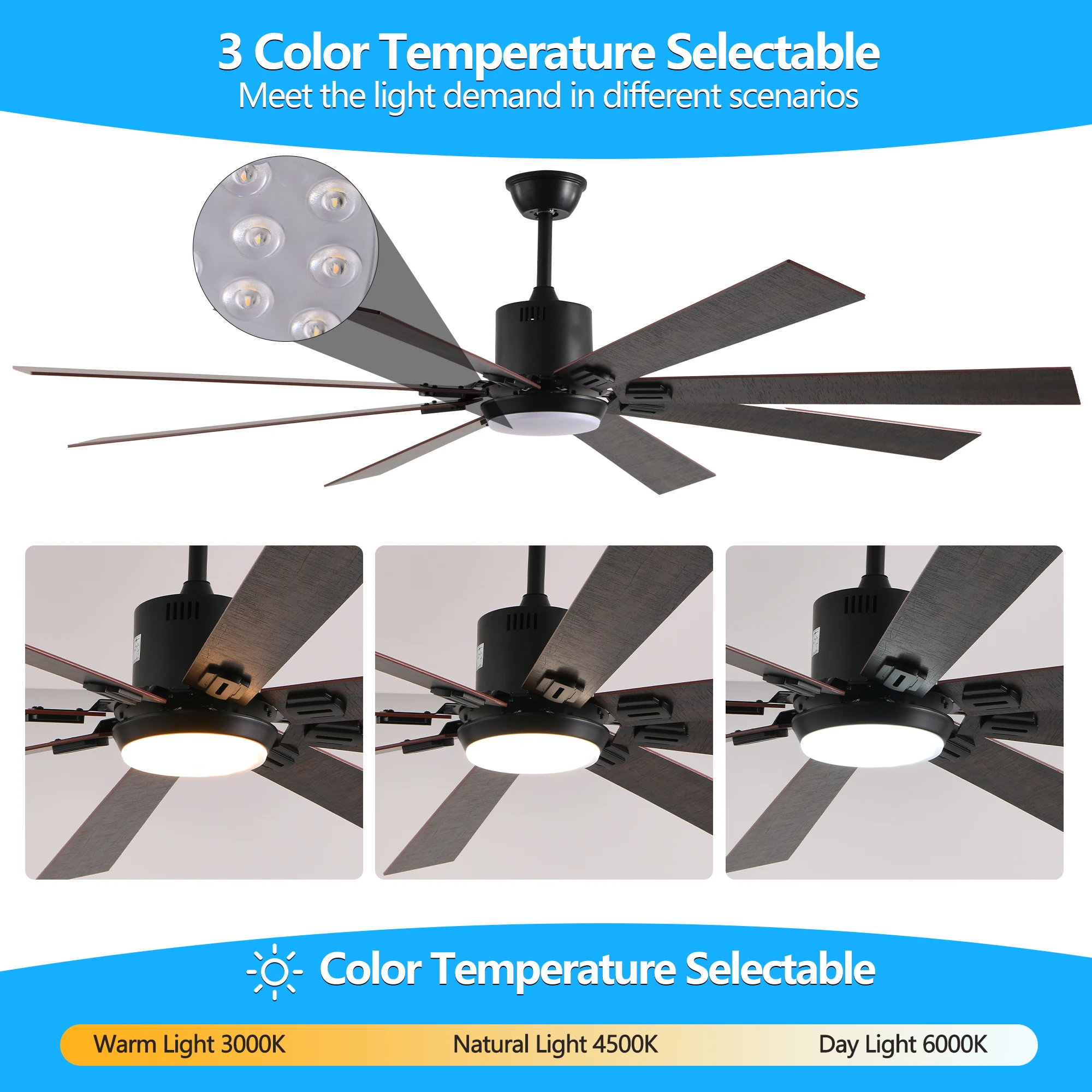 ARLGSITE 72 Inch Walnut LED Ceiling Fan Light with 8 Wooden Blades Remote Control Adjustable Color Temperature for Living Room