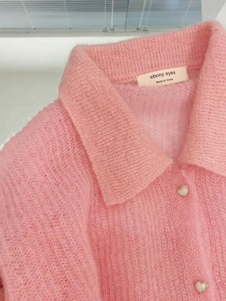 스웨터 탑 가디건, 여성 봄과 가을 핑크 모헤어 폴로 칼라 니트 겉옷, 디자인 센스 틈새 유휴 스타일