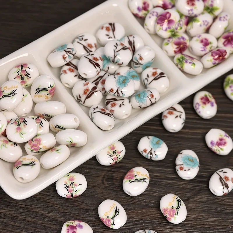 

New style 50pcs/lot color flowers pattern geometry ovals shape ceramics straight hole beads diy jewelry pendant accessory