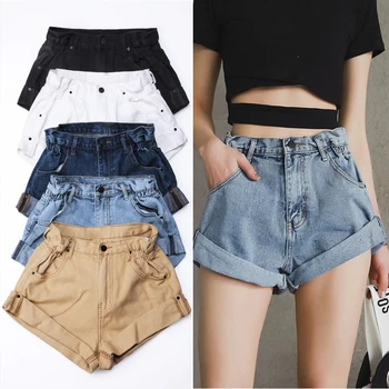 Women #039 s Denim Shorts Vintage Crimping High Waist Shorts Female 2021 Korean Style Caual Elegant Summer Ladies Black Shorts Jeans tanie i dobre opinie Polyester Pockets CN(Origin) Wide Leg Pants Ages 18-35 Years Old Summer 2021 Thin Street Style Casual Thin denim Button Fly