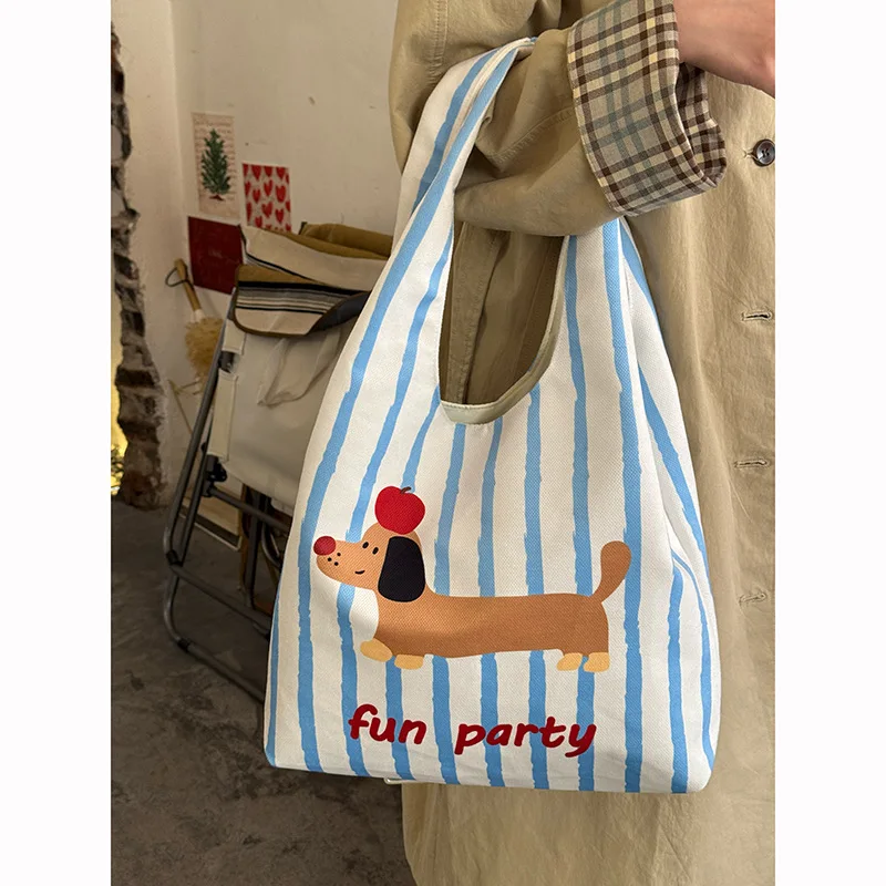 Cute Sausage Dog Striped Canvas Bag, New Niche Design, Single Shoulder Armpit Bag, Large Capacity Commuting Tote Bag