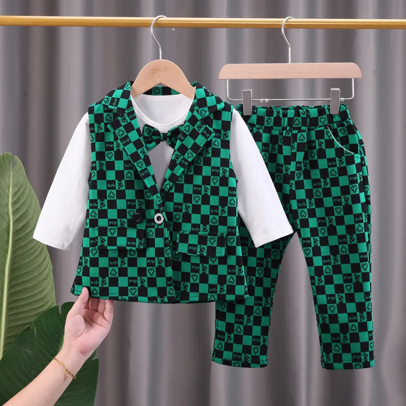 

Fashion Baby Toddler Girls Fall Clothes Suit Plaid Design Vest T Shirt & Pant 3pcs Set for Children Kids Autumn Clothing Set