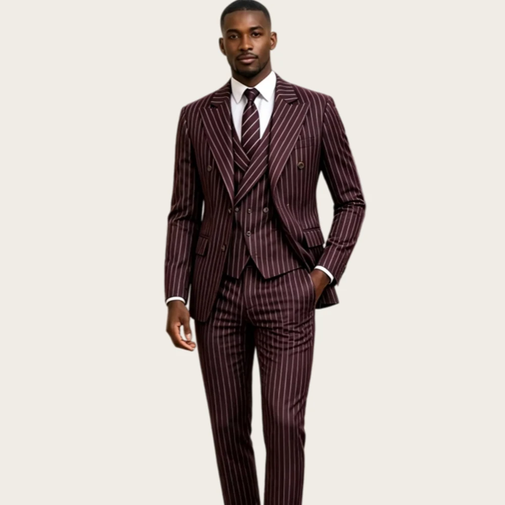 Costume Homme Rayé Bordeaux 3 Pièces Revers Pointus Croisé Coupe Slim pour Marié