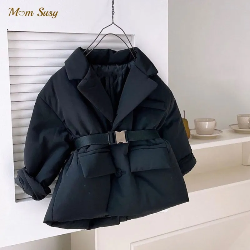 Fashion Baby Boy Girl Cotton Padded Suit Jacket Winter Child Waist Belt Coat Warm Outwear Turn Down Collar Baby Clothes 2-10Y