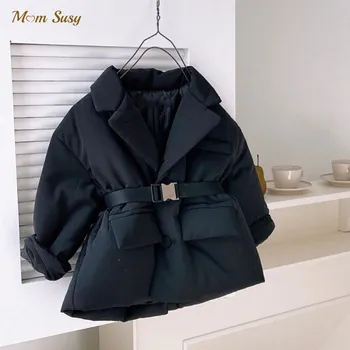 남아 여아 코튼 패딩 수트 재킷, 겨울 어린이 허리 벨트 코트, 따뜻한 외투, 턴다운 칼라 아기 옷, 2-10 세 패션