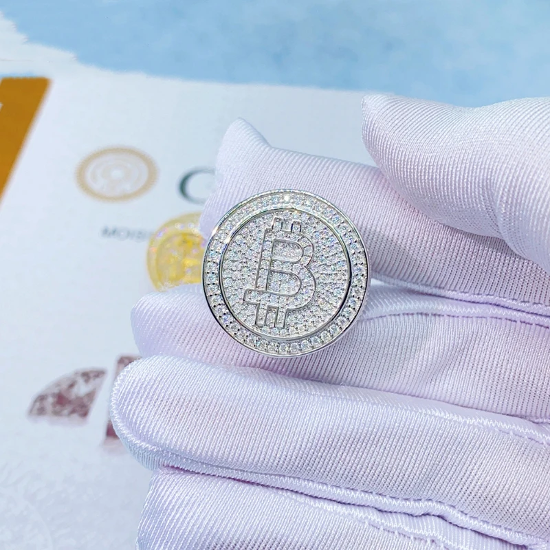 Iced Real Moissanite Bitcoin Men Ring White Gold Plated Hip Hop 925 Sterling Silver Lab Mosan Party Ring Pass Diamond Tester