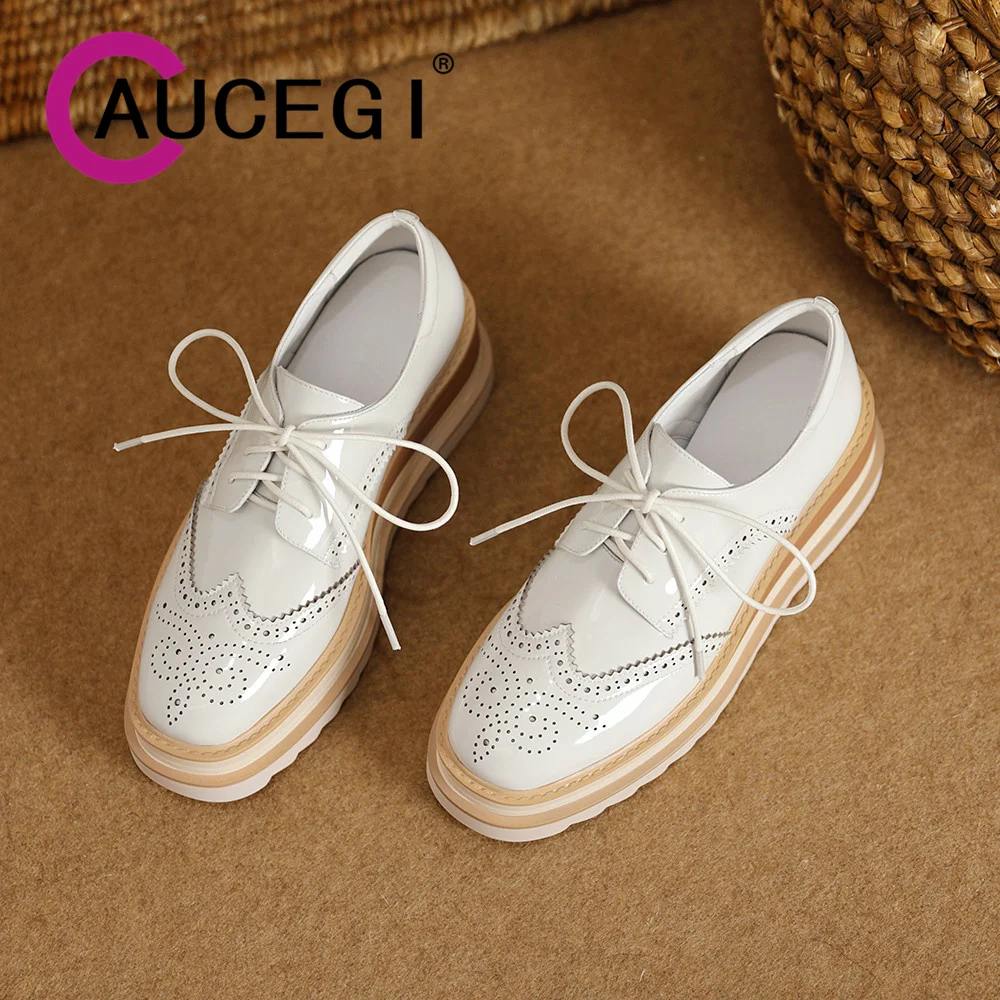 

Aucegi 2024 New Fashion Women's Fretwork Genuine Leather Pumps Round Toe Outdoor Cross Tied Platform Wedge High Heels Cute Shoes