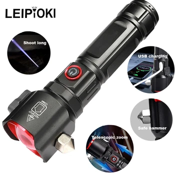 다기능 고출력 LED 손전등, USB 충전, COB 안전 망치, 줌 방수, 알루미늄 합금, 백색 레이저 토치