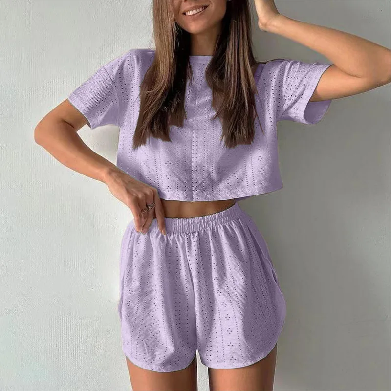 2024 Spring/Summer New Sports and Leisure Set Women's Solid Color Hollow Open Split Open Navel Short Two Piece Set