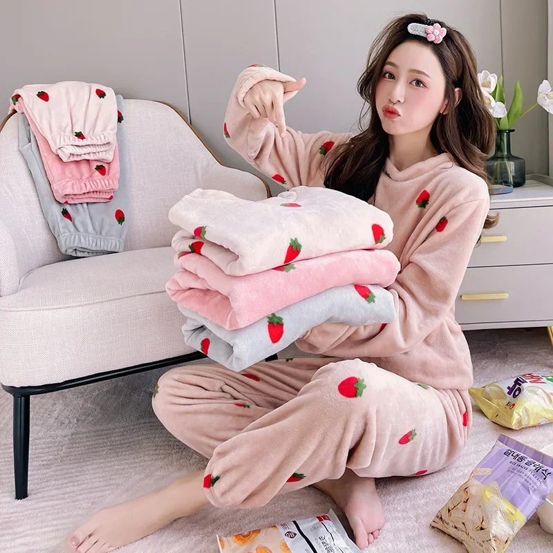 Sleepwear Autumn Winter Warm Women Pajamas Coral Fleece Pajamas Flannel Thick Pajama Sets Loungewear Long Sleeve Loose Korean