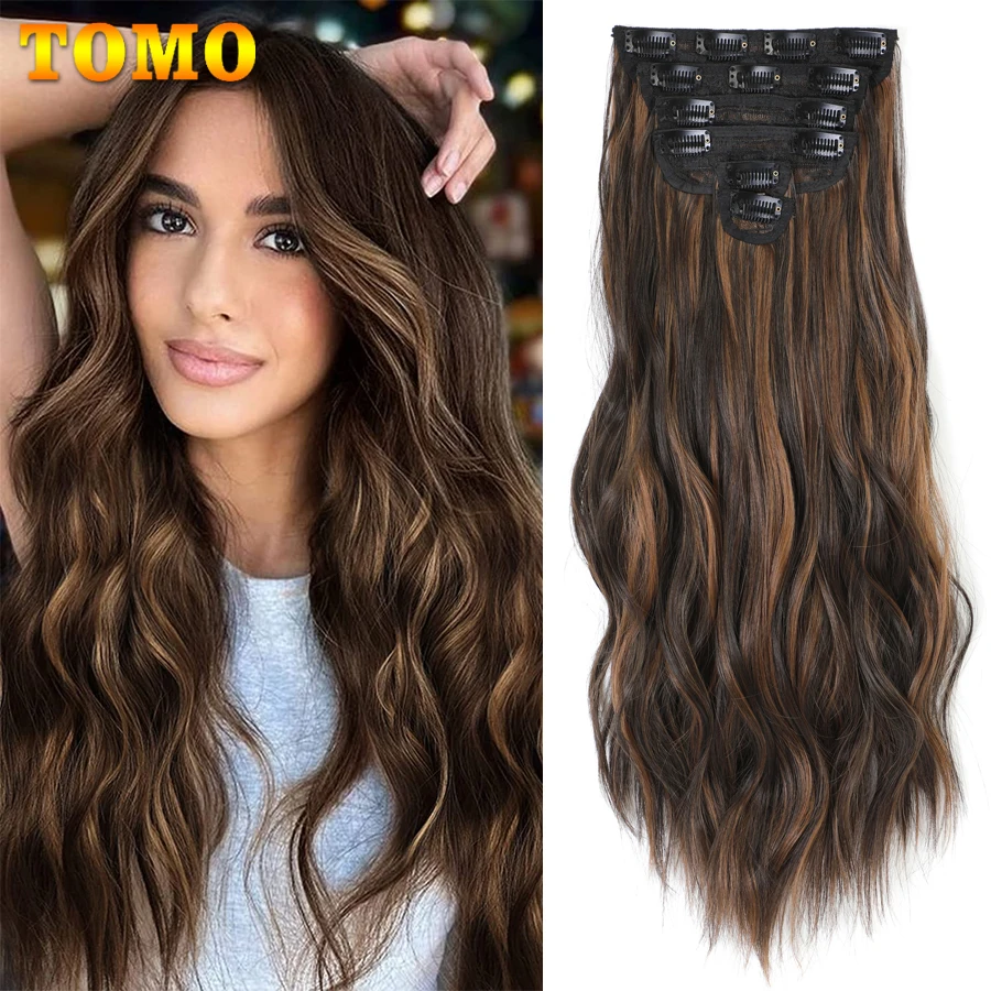 TOMO Clip in Hair Extensions 20 Inch 6 PCS Thick Hairpieces Chestnut Brown Fiber Double Weft Natural Hair Extensions For Women