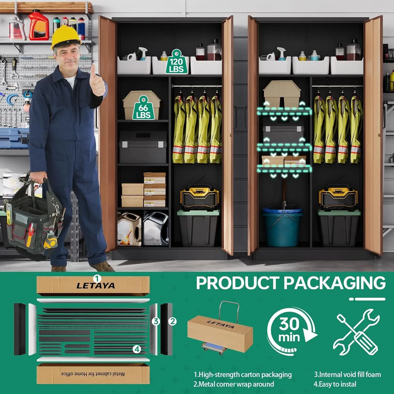 Metal Storage Cabinets 72'' Employee Lockers Steel Wardrobe with Lock Door for Office Home School Gym Fire Department Hotel Wood