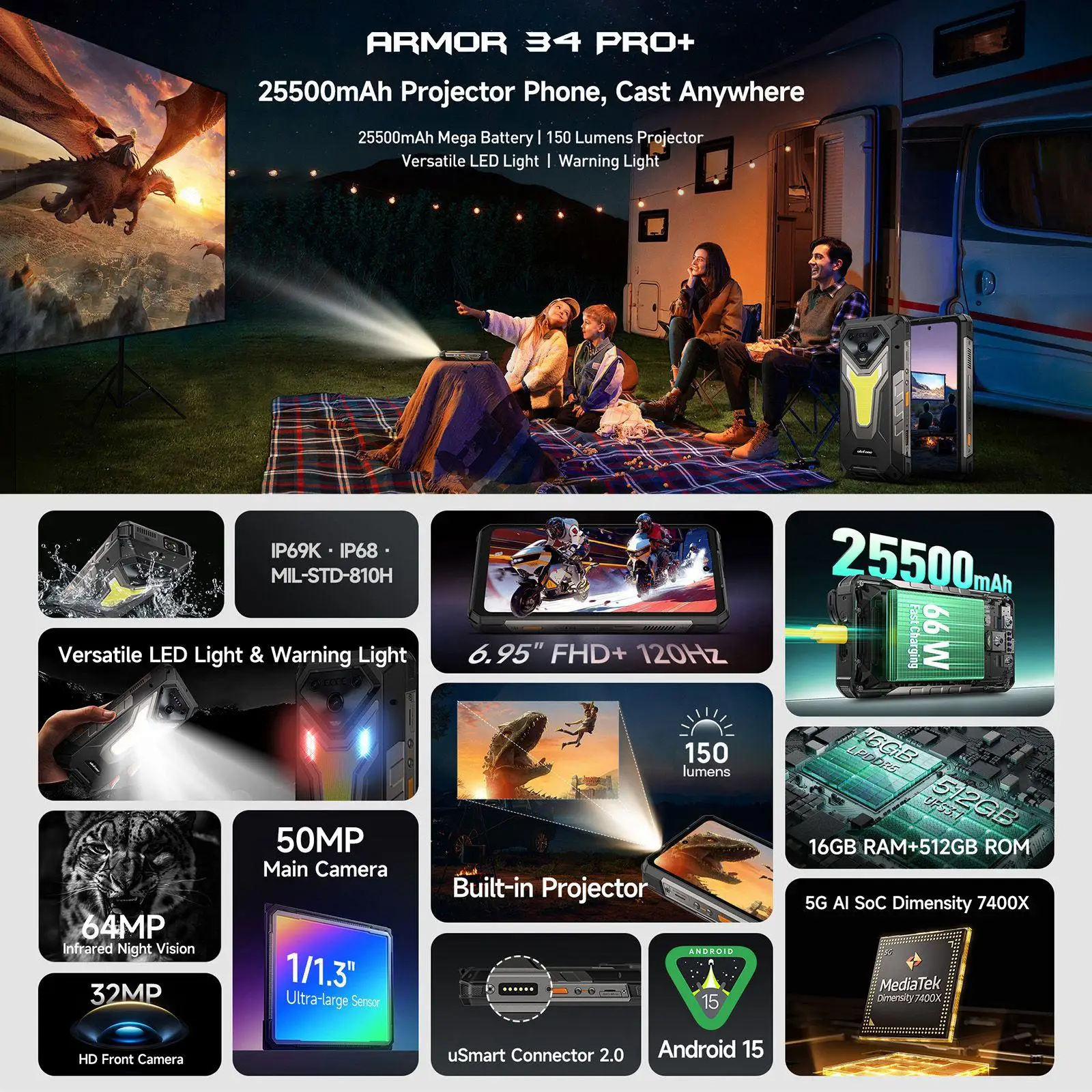 Ulefone Armor 34 Pro+ 5G AI Rugged Phone 32GB+512GB 25500mAh 6.95" Built-in Projector 120Hz Android 15 MTK 7300 NFC Smartphone