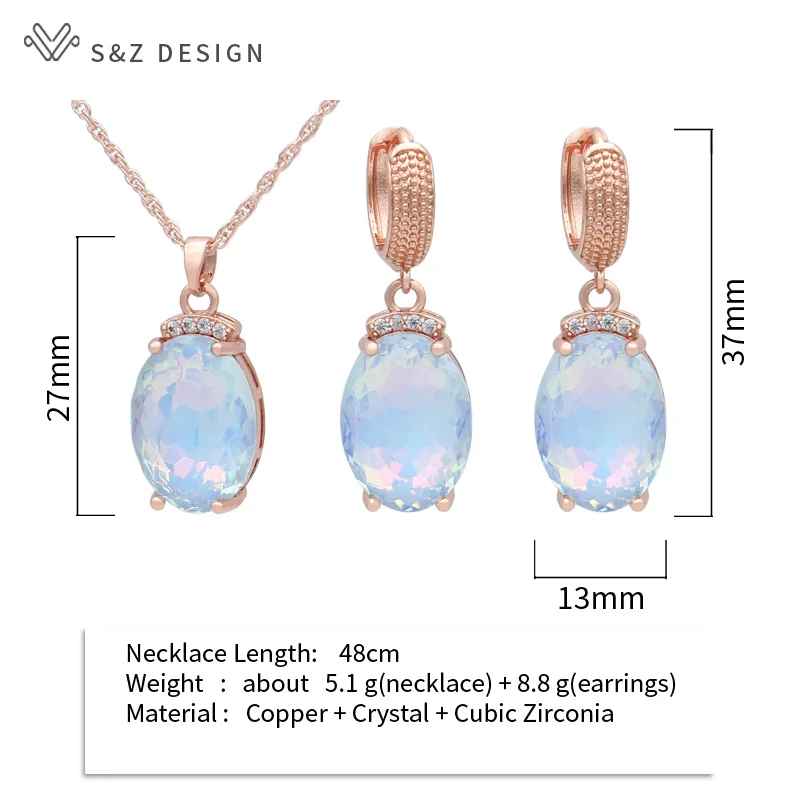 S&Z DESIGN New Fashion Egg Shape Oval Crystal Dangle Earrings Jewelry Sets For Women 585 Rose Gold Color Wedding Necklace Gift