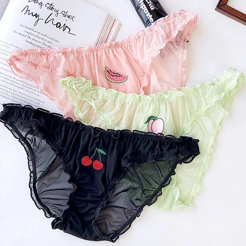 

6XL Plus Size Sweet Women Fancy Sexy Lace Female Lingerie Temptation Low-waist Panties Fruit Ins Embroidery Women's Mesh Briefs