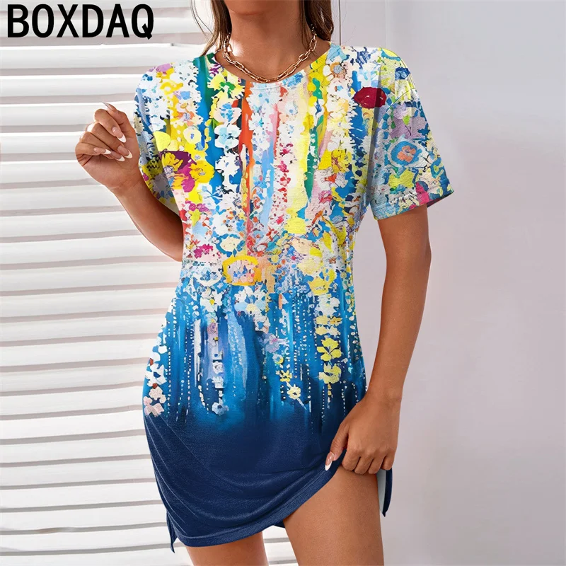 

3D Elegant Gradient Floral Dress Summer Short Sleeve O-Neck Mini Dress Beach Party Dress S-3XL Big Size Dress