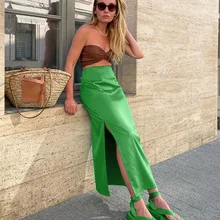 

2022 Sexy Side Slit Satin Skirt Female Fashion High Waist Straight Zipper Y2K Green Skirt Casual High Street Ladies Long Skirt
