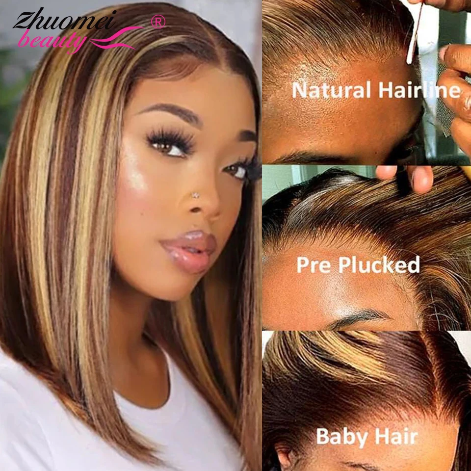 

Highlight Wig Straight Short Bob Wigs HD 13X4 Lace Frontal Wig P4/27 Ombre Bone Straight Human Hair Wigs For Women T Part BobWig