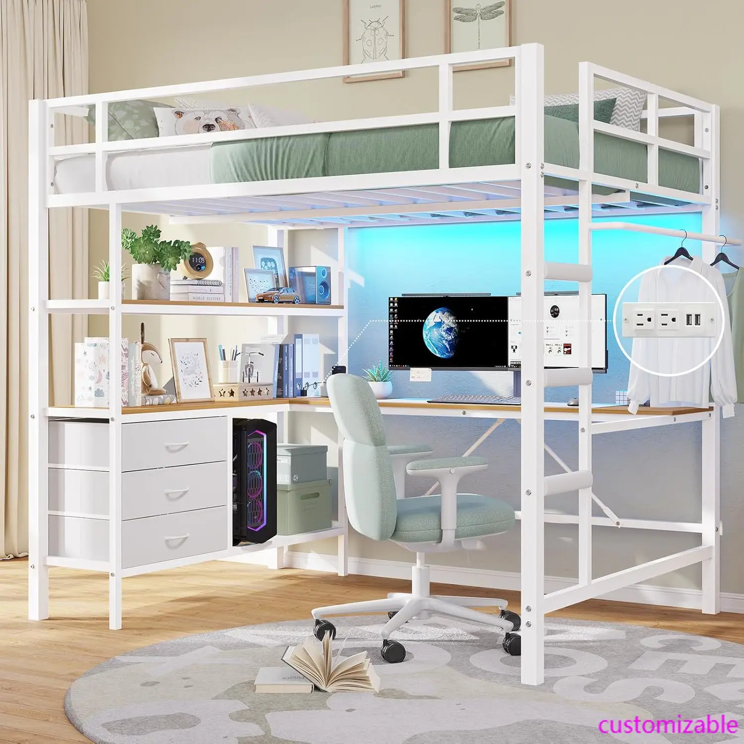 Full Size Loft Bed with L-Shaped Desk, LED Lights, Charging Station & Storage for Teens/Adults