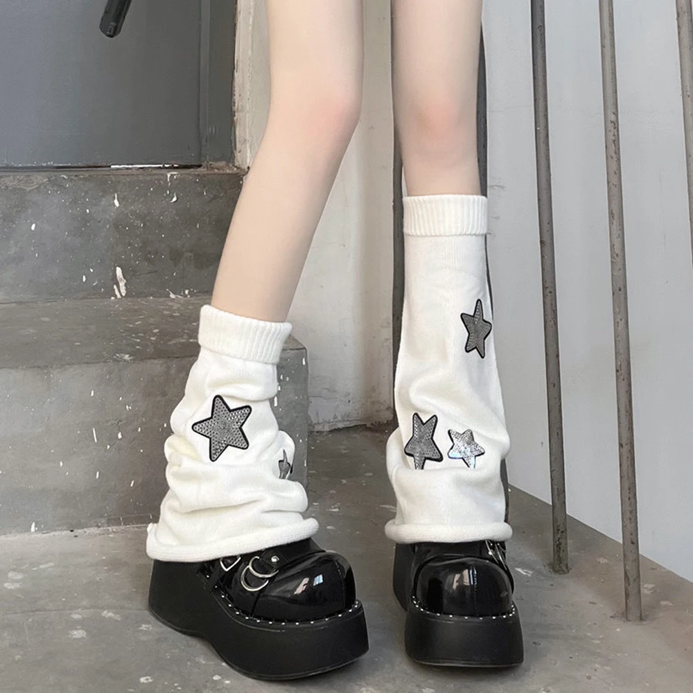 Harajuku Star Knitted Leg Warmers Women Warm Knee Bands Winter Leg Protection Japanese Girls Y2K Socks Boots Shinguard Covers Leg Warmers