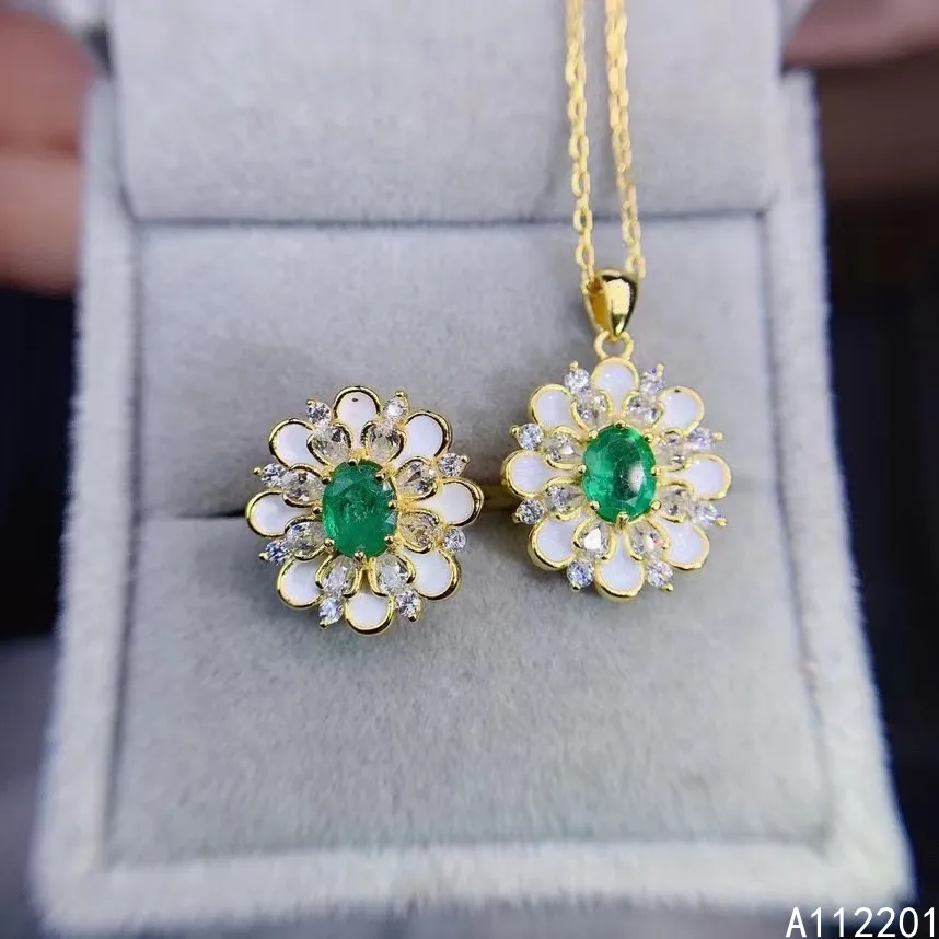 

Fine Jewelry 925 Pure Silver Natural Gemstone Women's Luxury Elegant Flower Emerald Set Gift Birthday Party Wedding Engagement