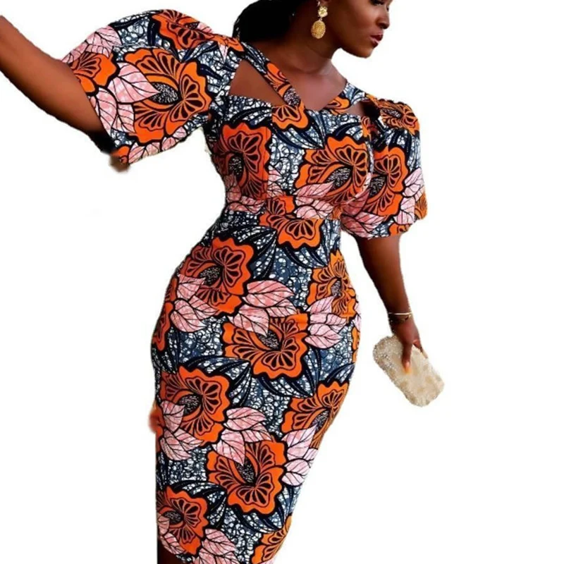 

Fashion Lantern Sleeve African Dresses Women 2023 Summer Floral Print African Dress Women Party Club Traditional Elegant Dress
