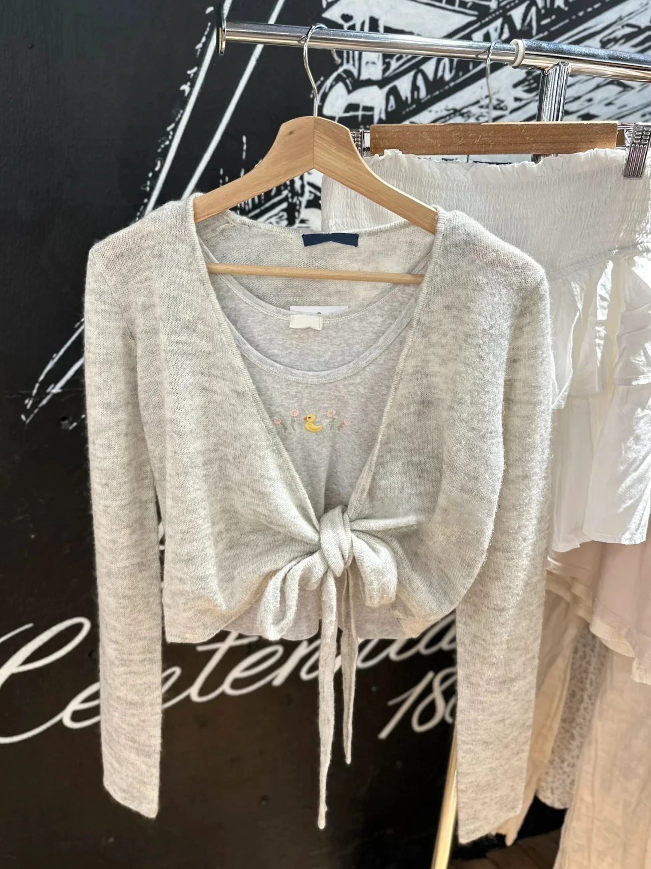 Gray Lace-up Knitted Long Sleeve T-shirt Cardigan Autumn V-neck Cotton Casual Smock Solid Simple Sweet Wrap Tee Crop Tops Y2k 2