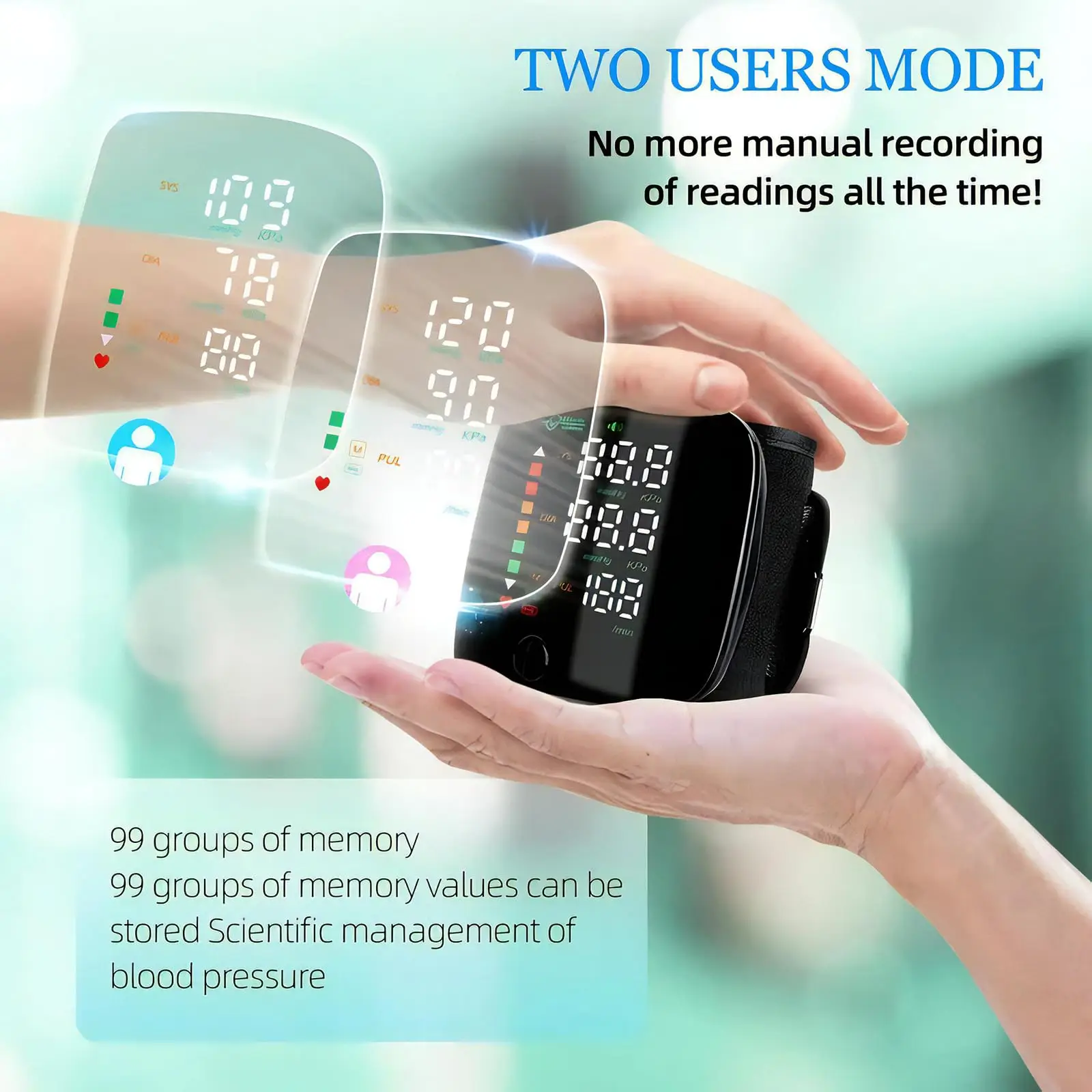 LED Rechargeable Wrist Blood Pressure Monitor English / Russian / Portuguese / Spanish Voice Broadcast Tonometer BP Monitor 4