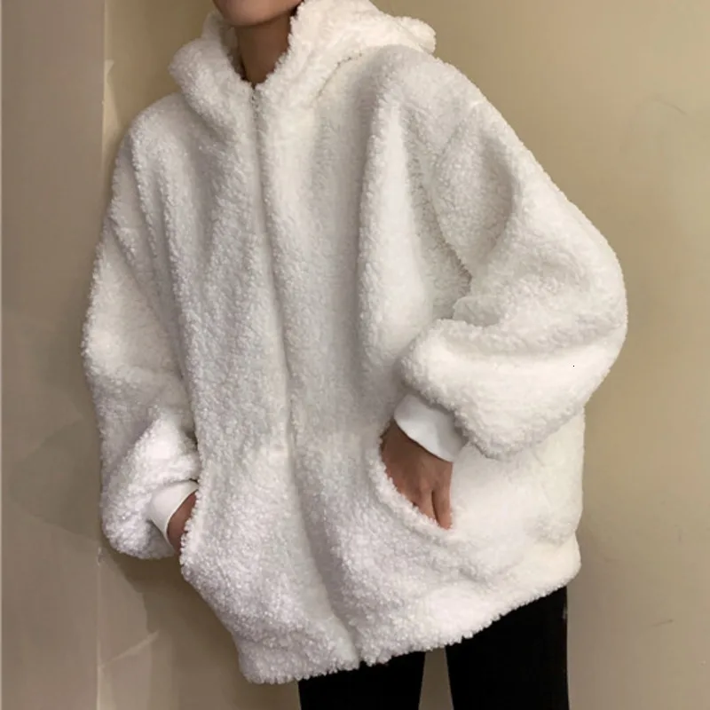 

Zip-up Autumn Winter Women Green Beige Sweatshirt Kawaii Fleece Faux Fur Long Sleeve Hooded Teddy Bear Ears Soft Hoodies White