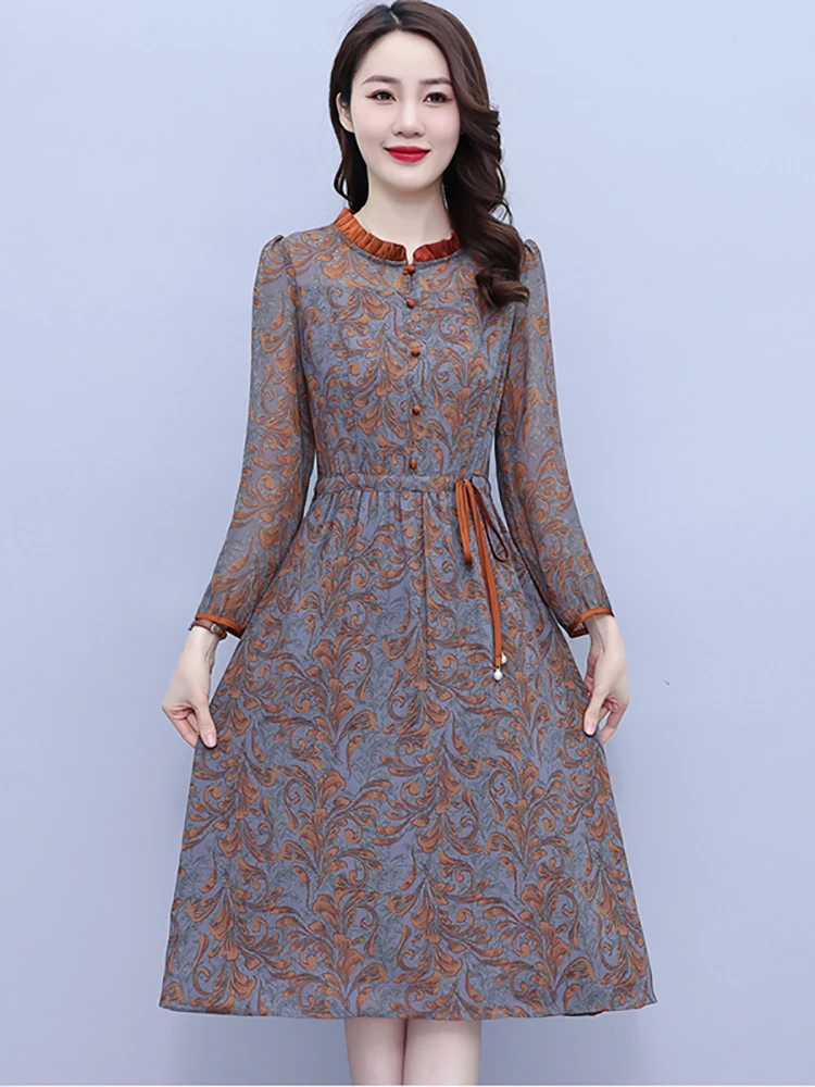 2024 Print Long Sleeve Ruffled Collar Midi Dress Spring Autumn Elegant  Party Night Dress Women Korean Bodycon Casual Long Dress - AliExpress  200000345